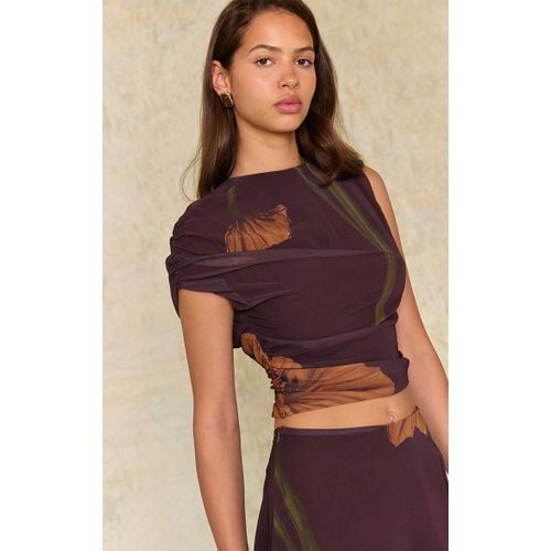 Top Asymtrique En Mousseline De Soie Chocolat Fonc Fleurie, Chocolat Fonc