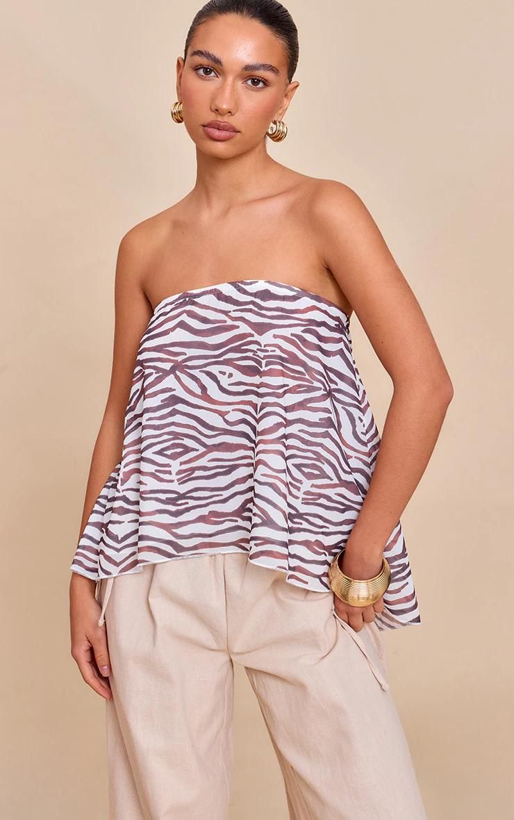 Top Bustier Fluide En Mousseline De Soie Noire Et Blanche Imprim Zbre, Noir & Blanc