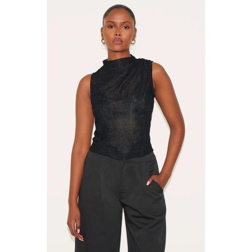 Top En Dentelle Noire  Col Montant Et paules Fronces, Noir