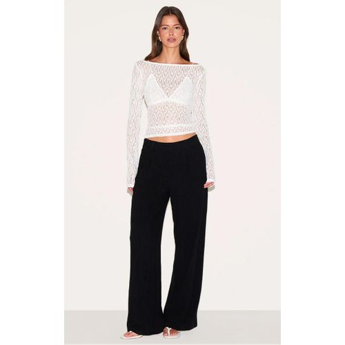 Top En Dentelle Texture Blanche Transparente  Col Bateau Et Manches Longues, Blanc