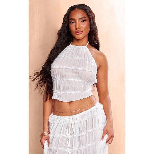 Top En Mousseline De Soie Blanche Fronc  Dos Nu Et Volants, Blanc