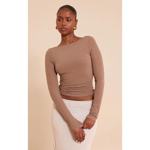 Top En Mousseline De Soie Stretch Caf Au Lait  Dos Bnitier Et Manches Longues, Caf Au Lait