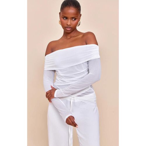 Top En Mousseline De Soie Stretch Crme Fronce  Col Bardot Et Manches Longues, Crme