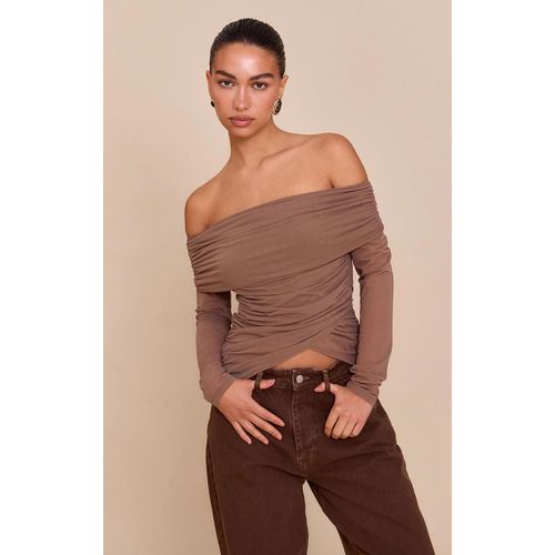 Top En Mousseline De Soie Stretch Gris Champignon Fronce  Col Bardot Et Manches Longues, Gris Champignon