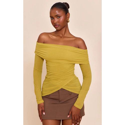 Top En Mousseline De Soie Stretch Vert Olive Fronce  Col Bardot Et Manches Longues, Vert Olive