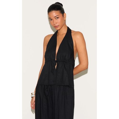 Top Long Effet Lin Noir  Taille Noue, Noir