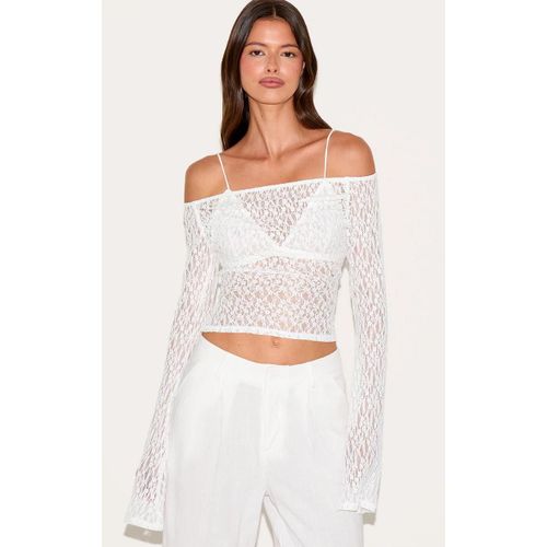 Top Long En Dentelle Texture Blanche Transparente  Col Bardot Et Manches vases, Blanc