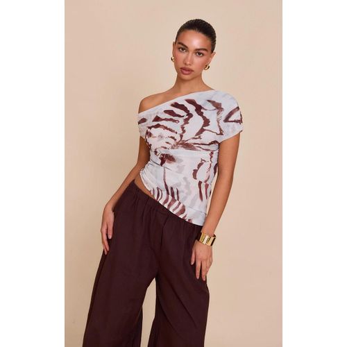 Top Long En Mousseline De Soie Bleu Imprim Abstrait  Dtail Drap Asymtrique, Bleu Clair