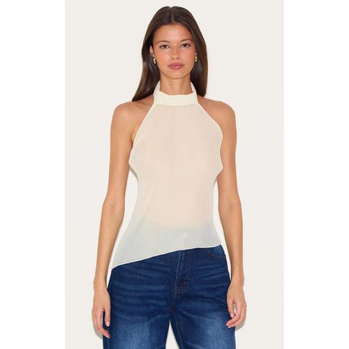 Top Long En Mousseline De Soie Jaune Citron Pliss  Col Montant, Jaune Citron