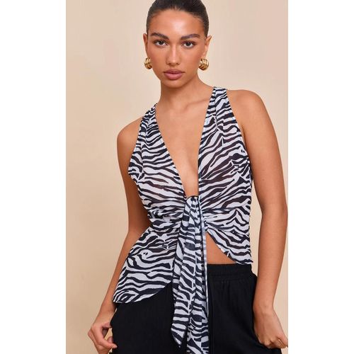 Top Long En Mousseline De Soie Noire Et Blanche Imprim Zbre  Dcollet Drap Devant, Noir & Blanc
