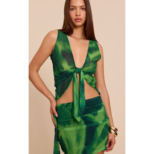 Top Long En Mousseline De Soie Verte  Dcollet Drap Devant, Vert