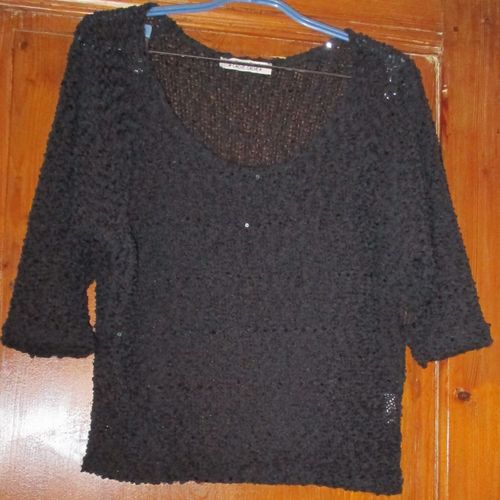 Top Noir Maille Ajoure Et Souple - Parsem De Paillettes Noires - Encolure Ronde Trs Dgage - Petites Manches - Cache Cache Taille 2 - 100% Polyester