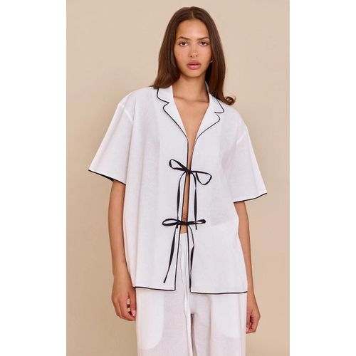 Top Oversize En Effet Lin Crme Nou Devant  Brodures Contrastantes, Crme
