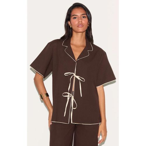 Top Oversize En Effet Lin Marron Fonc Nou Devant  Brodures Contrastantes, Marron Fonc