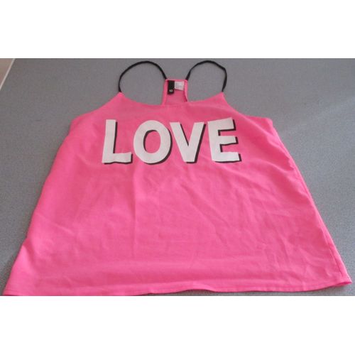 Top Trs Lger Dcoup Dans Le Dos - Rose Vif Avec Grandes Lettres L O V E - Divided De H & M - Taille 36 (Taille Anglaise 10) - 100%Polyester-Jamais Port