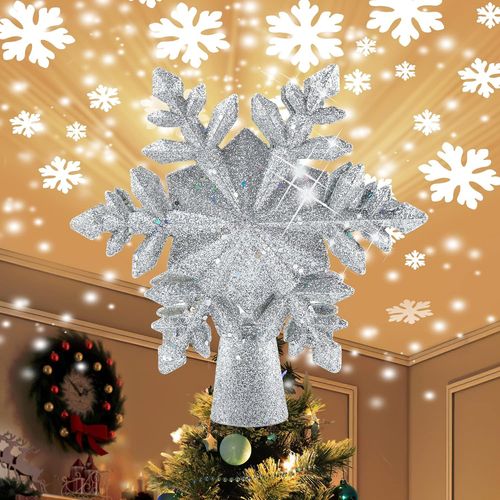Topper De Sapin De Nol clair Avec Des Lumires De Projecteur De Flocon De Neige Rotatif  Led, 2 En 1 Ruban Scintillant 5 Points 9,8 Pouces Star Tree Topper Snowfall Lights Pour La Dcoration D'arb
