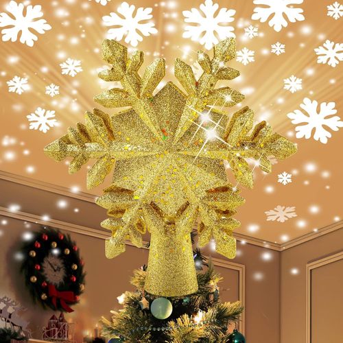 Topper De Sapin De Nol clair Avec Des Lumires De Projecteur De Flocon De Neige Rotatives  Led, 2 En 1 Dor Scintillant 5 Points 9,8 Pouces Star Tree Topper Snowfall Lights Pour La Dcoration D'ar