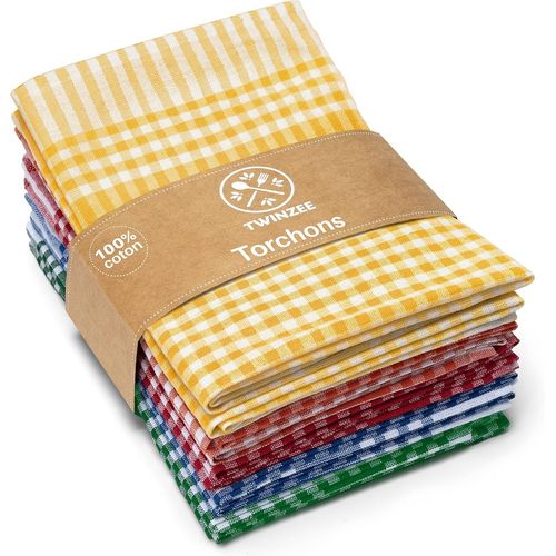 Torchon Cuisine (Set De 10) 100% Coton Oeko Tex 180 Gsm-67 X 47 Cm -Torchon  Carreaux Design Retro-Pour Scher La Vaisselle Et Les Mains-Multicolore