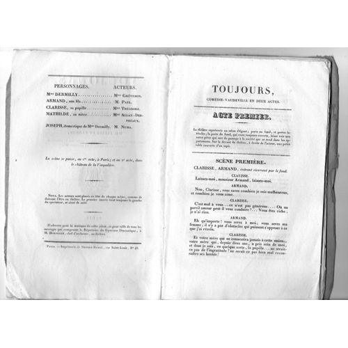 Toujours Ou L'avenir D'un Fils, Comdie-Vaudeville En Deux Actes Par Mm. Scribe Et Varner - Thatre Du Gymnase Dramatique - Pollet Libraire  Paris, 1832   