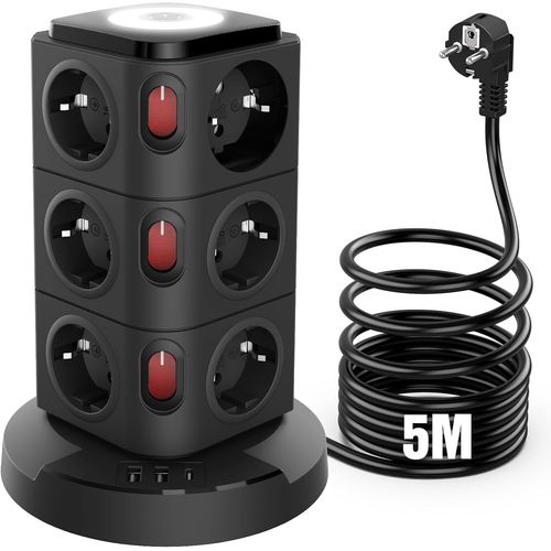 Tour Multiprise Avec Interrupteur Individuel, Multi Prise lectrique Prise Parafoudre Et Surtension Avec 4 Interrupteurs, Veilleuse Design Originale Et Usb-A, Usb-C Multiprise Rallonge 5m Cble