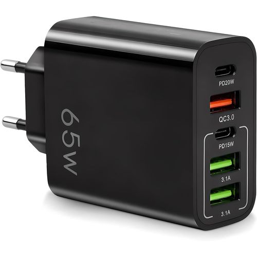 Trahoo-Chargeur Rapide Multi Usb C 65w Prise - 2 Usb-C + 2 Usb + 1 Qc 3.0 (5 Ports) Compatible Apple, Iphone, Ipad, Macbook, Androd, Samsung Etc. - Norme Ce & Fcc (Noir)