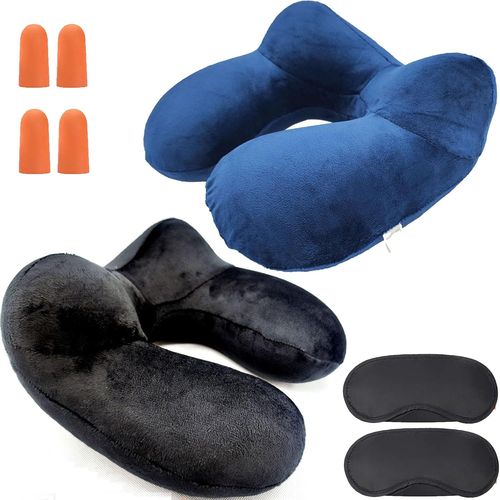 Trahoo-Coussin De Nuque Gonflable - Fabriqu En Velours Doux Et Housse De Coussin Lavable - Cale-Nuque Compact Idal Pour Les Voyages En Voiture, Avion (1 X Noir + 1 X Bleu)