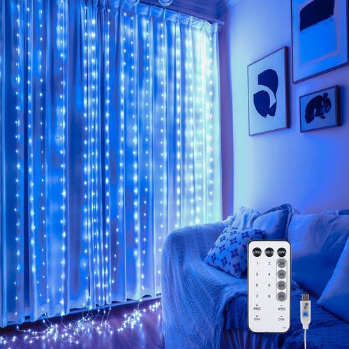 Trahoo-Fairy Curtain Lights For Bedroom, 300 Led 9.8x9.8 Ft Fairy Lights Curtain With Remote, String Light 8 Flashing Modes Usb Plug In For Dorm Backdrop Window Wall Indoor Outdoor, Blue