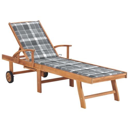 Transat Chaise Longue Bain De Soleil Lit De Jardin Terrasse Meuble D'extrieur Avec Coussin  Carreaux Gris Bois De Teck Solide Helloshop26 02_0012543