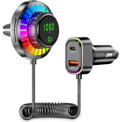 Transmetteur FM Bluetooth 5.3,Adaptateur Bluetooth Voiture,[30W PD & 18W QC] Allume Cigare Bluetooth Chargeur Rapide,Appels Mains Libres,Anneau Lumineux Color RGB