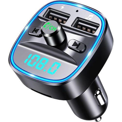 Transmetteur FM Bluetooth [lumire ambiante bleue] Kit adaptateur rcepteur radio sans fil pour voiture avec appels mains libres,double chargeur USB 5 V/2,4 A et 1 A,support carte TF/SD