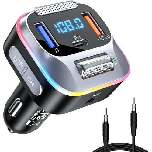 Transmetteur FM Bluetooth Voiture Allume Cigare Bluetooth 5,0 Type C PD 20W et USB QC3,0 18W,Sortie Aux,Micro et Deep Bass HiFi,Appels Mains Libres,Siri et Google Assistant