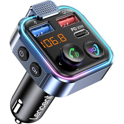 Transmetteur FM Bluetooth Voiture,Allume Cigare Bluetooth 5,3 metteur FM Radio,Chargeur Rapide de Voiture PD 30W & QC3,0 Adaptateur Bluetooth Supporte Le Disque U la lumire colore