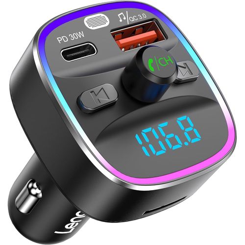 Transmetteur FM Bluetooth Voiture,Bluetooth 5,4 Lecteur MP3 Adaptateur Kit metteur FM Voiture Chargeur 48W PD 30W & 18W,Appel Mains Libres,7 Couleurs de lumire Support Carte SD & Cl USB