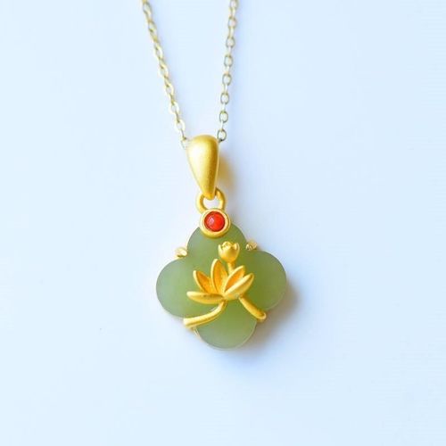 Trfle De Jade En Argent Sterling S925, Gris Htian Naturel, Incrust De Style Ancien, Or pais Rtro, Pendentif Simple, Dcoration De Lotus