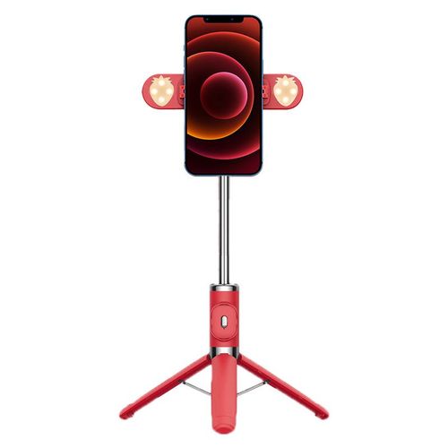Trepied Pour Telephone De 104 Cm Avec Double Eclairage Pliable Et Telecommande Bluetooth Pour Diffusion En Direct De Selfies, Rouge