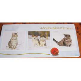 Tres Jolie Carte Double Avec Des Animaux Dans La Neige Chats Tigres Et Chiots A Belle Fourrure Boule De Noel Rouge Et Mention Joyeuses Fetes 19x9cm Avec Enveloppe Rakuten
