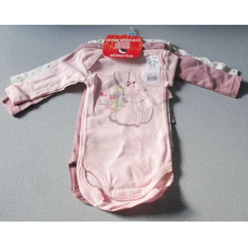 Trois Body Manches Longues 100%Coton Absorba-Taille 6mois (67cm)-Tons Blanc,Rose Et Mauve-2 Avec Un Adorable Lapin Et Le 3me Avec Des Petits Coeurs-Entrejambe Pressionne-Avec tiquettes D'achat
