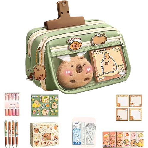 Trousse  Crayons Capybara Kawaii, Scolaire Papeterie, Pencil Case Plusieurs Compartiments,Vert