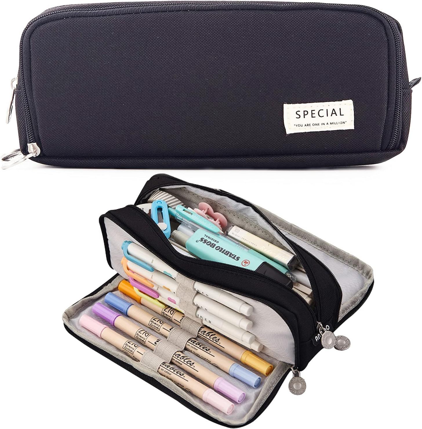 Trousse  Crayons De Grande Capacit Avec 3 Compartiments Pour Papeterie, cole, Bureau, Trousse  Crayons, Trousse De Maquillage Pour Femmes, Hommes, Filles, Garons (Noir)