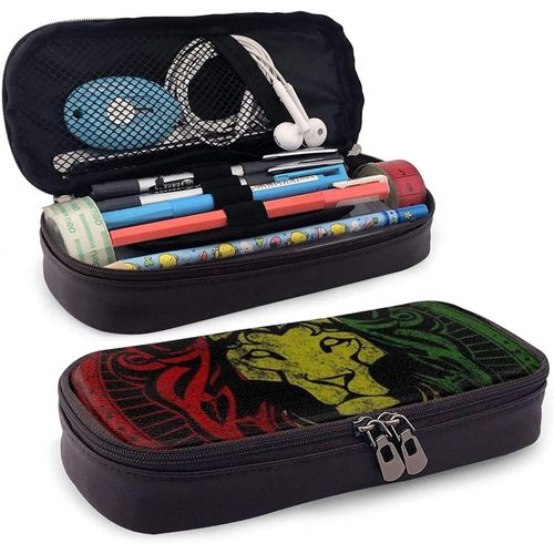 Trousse  Crayons En Cuir Avec Motif Lion De Judah Et Drapeau Africain, Grande Capacit, Rsistante  L'usure, Double Fermeture clair