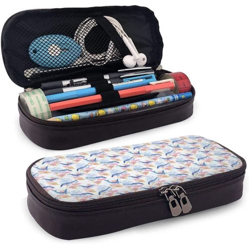 Trousse  Crayons En Cuir, Fantastique Motif Ocan, Mammifre Nageant Dans La Mer De Roses - Illustration Abstraite Romantique - Trousse De Bureau Pour tudiant - 19,8 X 11,4 X 3,8 Cm