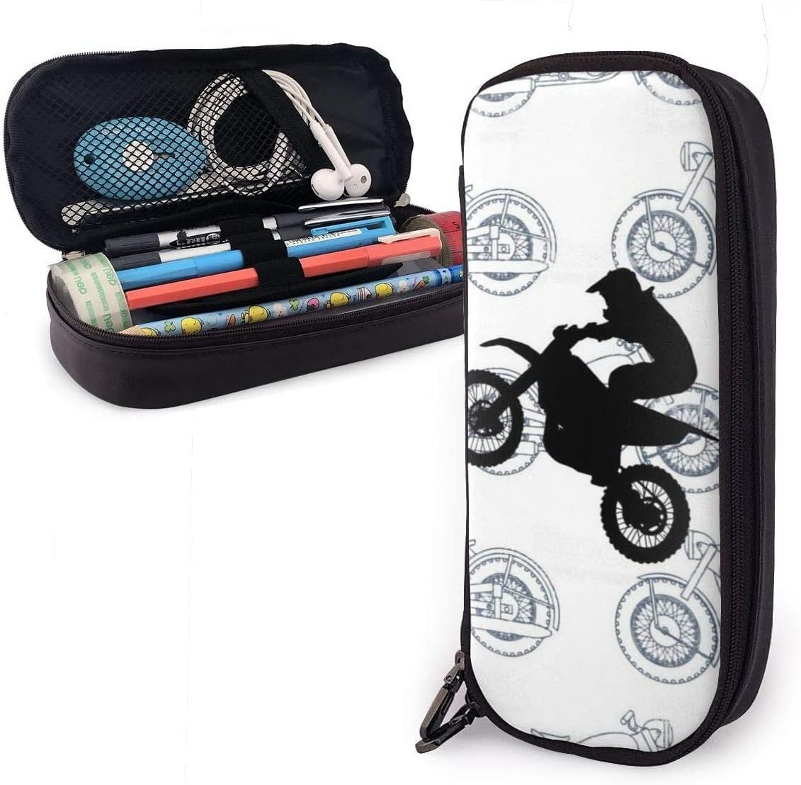 Trousse  Crayons En Cuir Pu  Motif De Moto Antique, Durable Avec Double Fermeture clair Pour L'cole Et Le Bureau 3,8 X 8,9 X 20,3 Cm