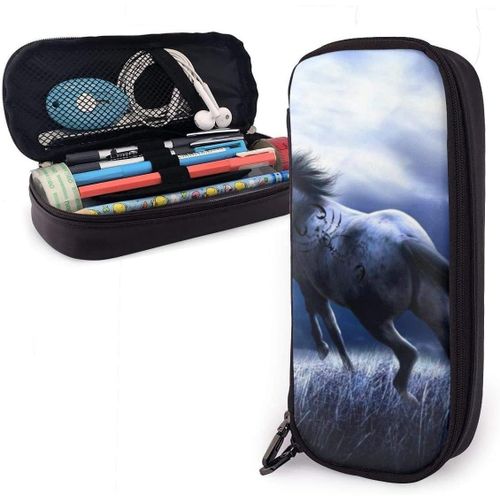 Trousse  Crayons En Cuir Pu Avec Motif De Cheval Qui Court Sous La Lune - Durable - Pour L'cole Ou Le Bureau - 3,8 X 8,9 X 20,3 Cm
