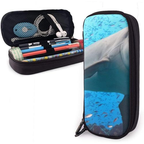 Trousse  Crayons En Cuir Synthtique Avec Double Fermeture clair - Motif Dauphin Et Poisson - 3,8 X 8,9 X 20,3 Cm