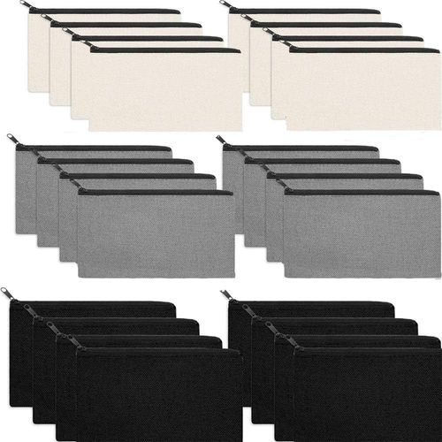 Trousse  Crayons En Toile Avec Fermeture clair Colore, Trousse De Maquillage Vierge, Trousse Multifonctionnelle Pour Cosmtiques, Articles De Toilette Et Papeterie, Noir, Gris Et Blanc, M,