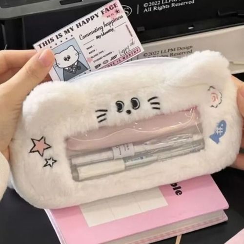 Trousse  Crayons Moelleuse Avec Fentre Transparente Pour Filles,Sac  Stylo Confortable,Fournitures Scolaires,Mignon,Chien Blanc,Chat,Hiver - Type Cat