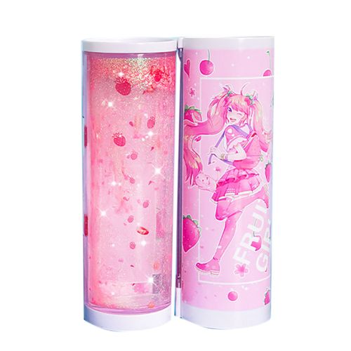 Trousse A Crayons Verticale Style Dessin Anime Motif Sable Flottant Avec Disque Aspirant, Largement Utilisee Pour Stylos Et Papeterie, Strawberry Girl