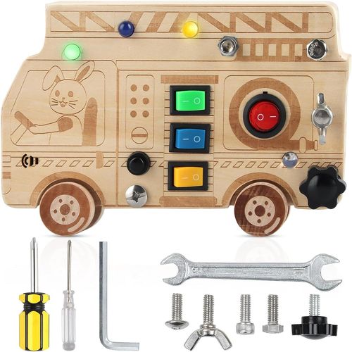 Truck Busy Board,Jouet En Bois Montessori 3 4 5 Ans,Avec 4 Led,5 Interrupteurs Et 5 Vis,Jouet ducatif Cadeau Sensoriel Pour Enfant