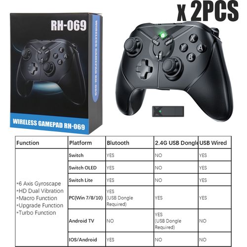 Turbo 2pcs - Manette De Jeu Sans Fil Pour Nintendo Switch Pro, Pour Console De Jeu Oled/Lite/Steam/Android/Ios, Avec Gyroscope  6 Axes