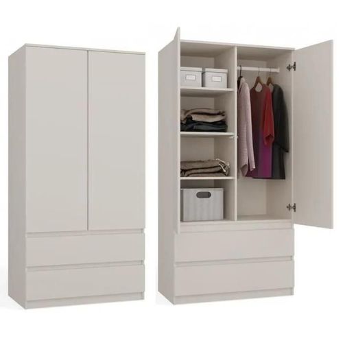 Turin - Armoire Style Moderne Chambre Salon Blanc - Penderie Multifonctions - 2 Portes + Tiroirs - Dressing - Systme Tip-On